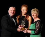 6 November 2010; Laura Mitchell, Galway, is presented with her 2010 Camogie Young Player of the Year award by President of the Camogie Association Joan O' Flynn and Cormac Farrell, Marketing Director, O'Neills, at the 2010 Camogie All-Stars in association with O’Neills. Citywest Hotel, Saggart, Co. Dublin. Picture credit: Stephen McCarthy / SPORTSFILE