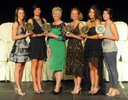 6 November 2010; President of the Camogie Association Joan O' Flynn with Antrim Soaring Stars award recipients, from left, Jane Adams, Michaela Convery, Kerrie O'Neill, Shannon Graham and Rhona Torney at the 2010 Camogie All-Stars in association with O’Neills. Citywest Hotel, Saggart, Co. Dublin. Picture credit: Stephen McCarthy / SPORTSFILE