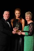6 November 2010; Laura Mitchell, Galway, is presented with her 2010 Camogie Young Player of the Year award by President of the Camogie Association Joan O' Flynn and Cormac Farrell, Marketing Director, O'Neills, at the 2010 Camogie All-Stars in association with O’Neills. Citywest Hotel, Saggart, Co. Dublin. Picture credit: Stephen McCarthy / SPORTSFILE