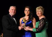 6 November 2010; Danielle McCrystal, Derry, is presented with her 2010 Camogie Ulster Young Player of the Year award by President of the Camogie Association Joan O' Flynn and Cormac Farrell, Marketing Director, O'Neills, at the 2010 Camogie All-Stars in association with O’Neills. Citywest Hotel, Saggart, Co. Dublin. Picture credit: Stephen McCarthy / SPORTSFILE