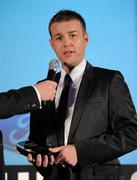 6 November 2010; Referee Alan Kelly from Cork speaking after receiving the PFAI Ford Referee of the Year Award. PFAI Ford 2010 Awards, The Burlington Hotel, Upper Leeson Street, Dublin. Photo by Sportsfile