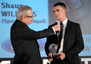 6 November 2010; Shaun Williams, Sporting Fingal, speaking to Tony O'Donoghue after receiving the PFAI Ford Young Player of the Year Award. PFAI Ford 2010 Awards, The Burlington Hotel, Upper Leeson Street, Dublin. Photo by Sportsfile
