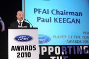 6 November 2010; PFAI Chairman Paul Keegan speaking during the awards. PFAI Ford 2010 Awards, The Burlington Hotel, Upper Leeson Street, Dublin. Photo by Sportsfile