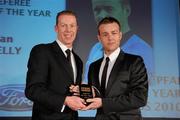 6 November 2010; Referee Alan Kelly, right, from Cork, receiving the PFAI Ford Referee of the Year Award from PFAI General Secretary Stephen McGuinness. PFAI Ford 2010 Awards, The Burlington Hotel, Upper Leeson Street, Dublin. Photo by Sportsfile