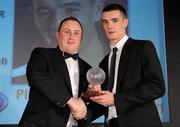6 November 2010; Shaun Williams, Sporting Fingal, right, receiving the PFAI Ford Young Player of the Year Award from Paul O'Hehir of the Irish Daily Mirror. PFAI Ford 2010 Awards, The Burlington Hotel, Upper Leeson Street, Dublin. Photo by Sportsfile