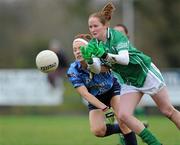 7 November 2010; Sarah Noone, Caltra Cuans, Galway, in action against Gillian O'Brien, Moyle Rovers, Tipperary. Tesco All-Ireland Junior Ladies Football Club Championship Semi-Final, Caltra Cuans, Galway v Moyle Rovers, Tipperary, Mountbellew, Co. Galway. Picture credit: Matt Browne / SPORTSFILE