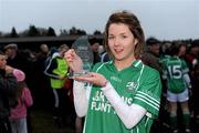 7 November 2010; Orlaith Hannon, Caltra Cuans, Galway, with her player of the match trophy. Tesco All-Ireland Junior Ladies Football Club Championship Semi-Final, Caltra Cuans, Galway v Moyle Rovers, Tipperary, Mountbellew, Co. Galway. Picture credit: Matt Browne / SPORTSFILE