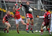 7 November 2010; Killererin goalkeeper Alan Keane contests a dropping ball with Cillian O'Connor, Ballintubber. AIB GAA Football Connacht Club Senior Championship Semi-Final, Killererin v Ballintubber, Tuam Stadium, Tuam, Co. Galway. Picture credit: David Maher / SPORTSFILE