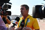 17 August 2016; The driver of an Irish Olympic official speaks to the media outside the Hospital Samaritano Barra in Rio de Janeiro, Brazil. Photo by Brendan Moran/Sportsfile