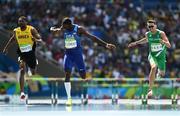 18 August 2016; Thomas Barr, right, of Ireland in action against Annsert Whyte, left, of Jamaica and Kerron Clement of USA during the Men's 400m hurdles final where he finished in 4th place with a new Irish record of 47.97 in the Olympic Stadium, Maracanã, during the 2016 Rio Summer Olympic Games in Rio de Janeiro, Brazil. Photo by Brendan Moran/Sportsfile