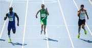 18 August 2016; Thomas Barr, centre, of Ireland in action against Kerron Clement of USA, left, and Yasmani Copello of Turkey during the Men's 400m hurdles final where he finished in 4th place with a new Irish record of 47.97 in the Olympic Stadium, Maracanã, during the 2016 Rio Summer Olympic Games in Rio de Janeiro, Brazil. Photo by Ramsey Cardy/Sportsfile