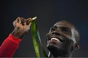 18 August 2016; Kerron Clement of USA with his gold medal after he won the Men's 400m hurdles final in the Olympic Stadium, Maracanã, during the 2016 Rio Summer Olympic Games in Rio de Janeiro, Brazil. Photo by Brendan Moran/Sportsfile