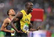 18 August 2016; Usain Bolt of Jamaica celebrates winning gold in the Men's 200m Final in the Olympic Stadium, Maracanã, during the 2016 Rio Summer Olympic Games in Rio de Janeiro, Brazil. Photo by Brendan Moran/Sportsfile
