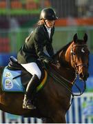 19 August 2016; Natalya Coyle of Ireland on Christino following her clear round in the show jumping round of the Women's Modern Pentathlon at the Deodora Stadium during the 2016 Rio Summer Olympic Games in Rio de Janeiro, Brazil. Photo by Ramsey Cardy/Sportsfile