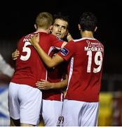 19 August 2016; Christy Fagan, centre, of St. Patrick's Athletic celebrates after scoring his side's second goal with team-mates Sean Hoare, left, and Jamie McGrath during the Irish Daily Mail FAI Cup Third Round game between St. Patrick's Athletic and Limerick at Richmond Park in Dublin. Photo by David Maher/Sportsfile