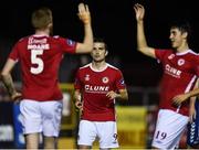 19 August 2016; Christy Fagan, centre, of St. Patrick's Athletic celebrates after scoring his side's second goal with teammates from left Sean Hoare and Jamie McGrath during the Irish Daily Mail FAI Cup Third Round game between St. Patrick's Athletic and Limerick at Richmond Park in Dublin. Photo by David Maher/Sportsfile