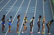 19 August 2016; Athletes get into position during the Women's 4 x 400m relay in the Olympic Stadium, Maracanã, during the 2016 Rio Summer Olympic Games in Rio de Janeiro, Brazil. Photo by Brendan Moran/Sportsfile