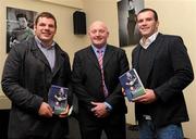 10 November 2010; Leinster's Bernard Jackman, centre, with team-mates Mike Ross, left, and Shane Jennings at the launch of his book 'Blue Blood'. The Burlington Hotel, Upper Leeson Street, Dublin. Picture credit: Alan Place / SPORTSFILE