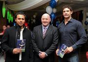 10 November 2010; Leinster's Bernard Jackman, centre, with team-mates Isa Nacewa, left, and Trevor Hogan at the launch of his book 'Blue Blood'. The Burlington Hotel, Upper Leeson Street, Dublin. Picture credit: Alan Place / SPORTSFILE