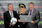11 November 2010; Irish legend Frank Stapleton and Blackburn Rovers manager Sam Allardyce flew into Dublin today to launch www.flytothegame.com, the exciting new Premier League games and interactive website created specifically for Irish fans of Premier League football. www.flytothegame.com offers Ireland’s Premier League community the chance to win ‘lifetime experience’ trips to top flight matches in England, plus all the latest Irish news and stories from all the Premier League.For fans, who really want the inside track, a monthly web chat with Sam and other key Premiership personalities should be of interest. On Sunday the 28th of November Sam will go online and chat with Premier League Fans. They don’t have to be Blackburn supporters, as Sam has opinions on a lot of International football. Please check www.flytothegame.com for times of Web chat. At the launch is model Cathy Coyle with Frank Stapleton, left, and Sam Allardyce. The Gibson Hotel, Point Village, Dublin. Picture credit: Brian Lawless / SPORTSFILE
