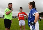 20 August 2016; Referee Seamus Mulvihill with Ciara O'Sullivan of Cork, centre, and Sinéad Greene of Cavan during the coin toss ahead of the TG4 Ladies Football All-Ireland Senior Championship Quarter-Final game between Cavan and Cork at St Brendan's Park in Birr, Co Offaly. Photo by Sam Barnes/Sportsfile