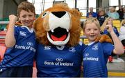 20 August 2016; Leinster supporters James Kehoe, age 9, left, and his brother Cormac, age 6, from Killeshin, Co Laois, with Leo The Lion at the Pre-Season Friendly game between Leinster and Gloucester at Tallaght Stadium in Tallaght, Co Dublin. Photo by Cody Glenn/Sportsfile