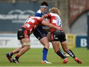 20 August 2016; Tom Daly of Leinster is tackled by Jacob Rowan, left, and Billy Twelvetrees of Gloucester during a Pre-Season Friendly game between Leinster and Gloucester at Tallaght Stadium in Tallaght, Co Dublin. Photo by Seb Daly/Sportsfile