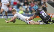 20 August 2016; Robert Lyttle of Ulster scores his second try of the game as he is tackled by Ben White of Exeter Chiefs during a pre-season friendly match at Sandy Park, Exeter. Photo by John Dickson/Sportsfile