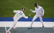 20 August 2016; Christian Zillekens, right, of Germany is defeated by Andriy Fedechko of Ukraine in the fencing bonus round of the Men's Modern Pentathlon at the Youth Arena in Deodora during the 2016 Rio Summer Olympic Games in Rio de Janeiro, Brazil. Photo by Brendan Moran/Sportsfile