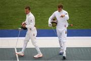 20 August 2016; Christian Zillekens of Germany asks for his sabre to be checked by an official during a bout with Andriy Fedechko of Ukraine in the fencing bonus round of the Men's Modern Pentathlon at the Youth Arena in Deodora during the 2016 Rio Summer Olympic Games in Rio de Janeiro, Brazil. Photo by Brendan Moran/Sportsfile