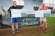13 November 2010; GAA All Stars Sean Og O hAilpin and Alan Brogan were in parnell Park, Dublin, today as the five finalists of the SureMen challenge go head to head to win €10,000 for their club. The winning football and winning hurling team took €10,000 home to invest in the club. Pictured is winner of the Hurling Challenge, Vincent Hurley, right, from Courcey Rovers, Cork and winner of the Football Challenge, Brendan Lennon, from Latton O'Rahilly's, Monaghan. For more visit www.suremen.ie. SureMen Challenge Final, Parnell Park, Dublin. Photo by Sportsfile