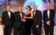 13 November 2010; Tracey Lawlor, Laois, is presented with her All Star award by Pat Quill, President, Cumann Peil Gael na mBan, in the company of, from left, Pol O Gallchoir, Ceannsai, TG4, Uachtarán CLG Criostóir Ó Cuana, and Tony Towell, Managing Director, O'Neill's, at the O'Neills TG4 Ladies Football All-Star Awards 2010, Citywest Hotel, Saggart, Co. Dublin. Picture credit: Brendan Moran / SPORTSFILE