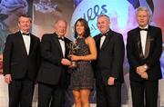 13 November 2010; Denise Masterson, Dublin, is presented with her All Star award by Pat Quill, President, Cumann Peil Gael na mBan, in the company of, from left, Pol O Gallchoir, Ceannsai, TG4, Uachtarán CLG Criostóir Ó Cuana, and Tony Towell, Managing Director, O'Neill's, at the O'Neills TG4 Ladies Football All-Star Awards 2010, Citywest Hotel, Saggart, Co. Dublin. Picture credit: Brendan Moran / SPORTSFILE