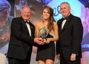 13 November 2010; Sarah Rowe, Mayo, is presented with the Connacht Young Player of the Year award by Pat Quill, left, President, Cumann Peil Gael na mBan, and Uachtarán CLG Criostóir Ó Cuana, at the O'Neills TG4 Ladies Football All-Star Awards 2010, Citywest Hotel, Saggart, Co. Dublin. Picture credit: Brendan Moran / SPORTSFILE