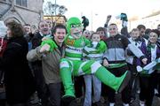 14 November 2010; Shamrock Rovers mascot Hooperman with Shamrock Rovers supporters before the start of the game. FAI Ford Cup Final, Shamrock Rovers v Sligo Rovers, Aviva Stadium, Lansdowne Road, Dublin. Picture credit: David Maher / SPORTSFILE