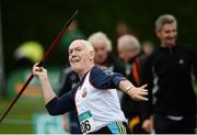 21 August 2016; Padraic Maye of Ballina AC, Co Mayo, competing in the 75+ Mens Javelin event during the GloHealth National Master Track & Field Championship 2016 at Tullamore Harriers Stadium in Tullamore, Co Offaly. Photo by Sam Barnes/Sportsfile