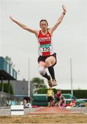 21 August 2016; Mary Cahill of Ennis Track AC, Co Clare, competing in the 40+ Womens Long Jump event during the GloHealth National Master Track & Field Championship 2016 at Tullamore Harriers Stadium in Tullamore, Co Offaly. Photo by Sam Barnes/Sportsfile