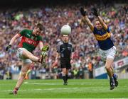 21 August 2016; Cillian O’Connor of Mayo has his shot blocked by Tipperary's Bill Maher during the GAA Football All-Ireland Senior Championship Semi-Final game between Tipperary and Mayo at Croke Park in Dublin. Photo by Ray McManus/Sportsfile