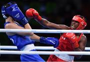 21 August 2016; Claressa Shields of USA, right, in action against Nouchka Fontijn of Netherlands during their Women's Boxing Middleweight Final bout at Riocentro Pavillion 6 Arena during the 2016 Rio Summer Olympic Games in Rio de Janeiro, Brazil. Photo by Stephen McCarthy/Sportsfile