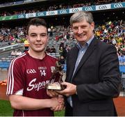 21 August 2016; Pictured is Pat O’Doherty, Chief Executive of ESB, proud sponsor of the Electric Ireland GAA All-Ireland Minor Championships, presenting Desmond Conneely of Galway with the Player of the Match award for his outstanding performance in the Electric Ireland Football All-Ireland Minor Championships Semi Final. Throughout the Championships fans can follow the conversation, support the Minors and be a part of something major through the hashtag #GAAThisIsMajor. Photo by Ray McManus/Sportsfile