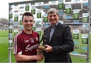 21 August 2016; Pictured is Pat O’Doherty, Chief Executive of ESB, proud sponsor of the Electric Ireland GAA All-Ireland Minor Championships, presenting Desmond Conneely of Galway with the Player of the Match award for his outstanding performance in the Electric Ireland Football All-Ireland Minor Championships Semi Final. Throughout the Championships fans can follow the conversation, support the Minors and be a part of something major through the hashtag #GAAThisIsMajor. Photo by Ray McManus/Sportsfile