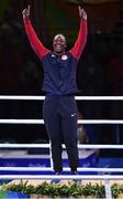21 August 2016; Gold medallist Claressa Shields of USA during the Women's Boxing Middleweight medal presentation at Riocentro Pavillion 6 Arena during the 2016 Rio Summer Olympic Games in Rio de Janeiro, Brazil. Photo by Stephen McCarthy/Sportsfile