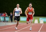 21 August 2016; Glen Scullion, 313, of Mid Ulster AC, Derry, and Keith Eglington, 348, of Dunboyne AC, Co Meath, competing in the 35+ mens 200m event during the GloHealth National Master Track & Field Championship 2016 at Tullamore Harriers Stadium in Tullamore, Co Offaly. Photo by Sam Barnes/Sportsfile