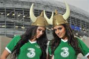 15 November 2010; Another Viking Invasion! There was a friendly clash of Viking helmets today at the Aviva stadium as models Georgia Salpa and Nadia Forde geared up for the Ireland Vs Norway head to head on 17th November at 19.45. Ranked 13th in the world with three wins out of three so far in Euro 2012 (including a 1-0 win over Ronaldo’s Portugal), Norway will be the perfect test for Trapattoni’s Ireland. With several impressive young Irish squad players pushing for a place in the first team, it should be the prefect way to bring the curtain down on a frantic year for the Boys in Green. Don’t miss Ireland's last game of 2010 – another world-class game in a world-class stadium! Limited availability. Tickets available from Aviva Stadium or FAI/Umbro Stores Westmoreland and Suffolk Street. Aviva Stadium, Lansdowne Road, Dublin. Picture credit: David Maher / SPORTSFILE