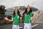 15 November 2010; Another Viking Invasion! There was a friendly clash of Viking helmets today at the Aviva stadium as models Georgia Salpa and Nadia Forde geared up for the Ireland Vs Norway head to head on 17th November at 19.45. Ranked 13th in the world with three wins out of three so far in Euro 2012 (including a 1-0 win over Ronaldo’s Portugal), Norway will be the perfect test for Trapattoni’s Ireland. With several impressive young Irish squad players pushing for a place in the first team, it should be the prefect way to bring the curtain down on a frantic year for the Boys in Green. Don’t miss Ireland's last game of 2010 – another world-class game in a world-class stadium! Limited availability. Tickets available from Aviva Stadium or FAI/Umbro Stores Westmoreland and Suffolk Street. Aviva Stadium, Lansdowne Road, Dublin. Picture credit: David Maher / SPORTSFILE