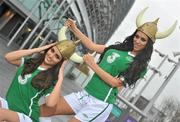 15 November 2010; Another Viking Invasion! There was a friendly clash of Viking helmets today at the Aviva stadium as models Georgia Salpa and Nadia Forde geared up for the Ireland Vs Norway head to head on 17th November at 19.45. Ranked 13th in the world with three wins out of three so far in Euro 2012 (including a 1-0 win over Ronaldo’s Portugal), Norway will be the perfect test for Trapattoni’s Ireland. With several impressive young Irish squad players pushing for a place in the first team, it should be the prefect way to bring the curtain down on a frantic year for the Boys in Green. Don’t miss Ireland's last game of 2010 – another world-class game in a world-class stadium! Limited availability. Tickets available from Aviva Stadium or FAI/Umbro Stores Westmoreland and Suffolk Street. Aviva Stadium, Lansdowne Road, Dublin. Picture credit: David Maher / SPORTSFILE