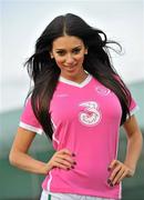 16 November 2010; Model Georgia Salpa pictured modelling the special one off &quot;Limited Edition&quot; Pink version of the Ireland Home Jersey brought to you by Irish Football Sponsors 3 and Umbro. The jersey features a special embroidery around the FAI crest and a pink ribbon on the sleeve. The Irish Senior International Team sponsored by 3, will support the cause by wearing the kit in the warm-up for Wednesday's International friendly game against Norway at the Aviva Stadium. 10% of the retail value of each jersey will be donated to Action Breast Cancer, a programme of the Irish Cancer Society. The jersey will be available EXCLUSIVELY from FAI partner stores from December 3rd. You can pre-order your kit now on www.faishop.com. 3 Photocall to Launch Umbro Pink Jersey Photocall in aid of Breast Cancer Awareness, Gannon Park, Malahide, Co. Dublin. Picture credit: David Maher / SPORTSFILE
