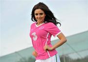 16 November 2010; Model Nadia Forde pictured modelling the special one off &quot;Limited Edition&quot; Pink version of the Ireland Home Jersey brought to you by Irish Football Sponsors 3 and Umbro. The jersey features a special embroidery around the FAI crest and a pink ribbon on the sleeve. The Irish Senior International Team sponsored by 3, will support the cause by wearing the kit in the warm-up for Wednesday's International friendly game against Norway at the Aviva Stadium. 10% of the retail value of each jersey will be donated to Action Breast Cancer, a programme of the Irish Cancer Society. The jersey will be available EXCLUSIVELY from FAI partner stores from December 3rd. You can pre-order your kit now on www.faishop.com. 3 Photocall to Launch Umbro Pink Jersey Photocall in aid of Breast Cancer Awareness, Gannon Park, Malahide, Co. Dublin. Picture credit: David Maher / SPORTSFILE