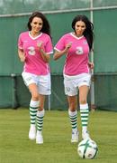 16 November 2010; Models Nadia Forde and Georgia Salpa pictured modelling the special one off &quot;Limited Edition&quot; Pink version of the Ireland Home Jersey brought to you by Irish Football Sponsors 3 and Umbro. The jersey features a special embroidery around the FAI crest and a pink ribbon on the sleeve. The Irish Senior International Team sponsored by 3, will support the cause by wearing the kit in the warm-up for Wednesday's International friendly game against Norway at the Aviva Stadium. 10% of the retail value of each jersey will be donated to Action Breast Cancer, a programme of the Irish Cancer Society. The jersey will be available EXCLUSIVELY from FAI partner stores from December 3rd. You can pre-order your kit now on www.faishop.com. 3 Photocall to Launch Umbro Pink Jersey Photocall in aid of Breast Cancer Awareness, Gannon Park, Malahide, Co. Dublin. Picture credit: David Maher / SPORTSFILE