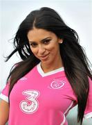 16 November 2010; Model Georgia Salpa pictured modelling the special one off &quot;Limited Edition&quot; Pink version of the Ireland Home Jersey brought to you by Irish Football Sponsors 3 and Umbro. The jersey features a special embroidery around the FAI crest and a pink ribbon on the sleeve. The Irish Senior International Team sponsored by 3, will support the cause by wearing the kit in the warm-up for Wednesday's International friendly game against Norway at the Aviva Stadium. 10% of the retail value of each jersey will be donated to Action Breast Cancer, a programme of the Irish Cancer Society. The jersey will be available EXCLUSIVELY from FAI partner stores from December 3rd. You can pre-order your kit now on www.faishop.com. 3 Photocall to Launch Umbro Pink Jersey Photocall in aid of Breast Cancer Awareness, Gannon Park, Malahide, Co. Dublin. Picture credit: David Maher / SPORTSFILE